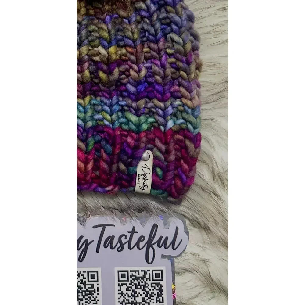 Hand Knit Scrappy Merino Wool Beanie: DefiKnitly Tasteful Knit Hat with Faux Fur